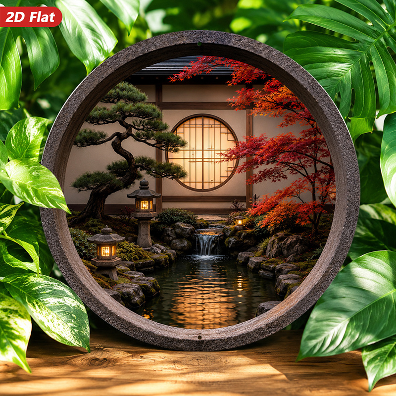 Płaski obraz 2D, 1 szt. Okrągł – Bonsai Garden Wall recenzja i cena